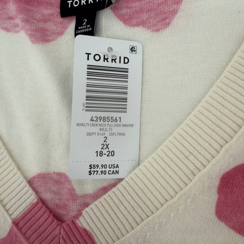 Torrid Sweater Womens 2 2X White Pink Floral V-Neck Pullover Cotton Blend New - Picture 4 of 8